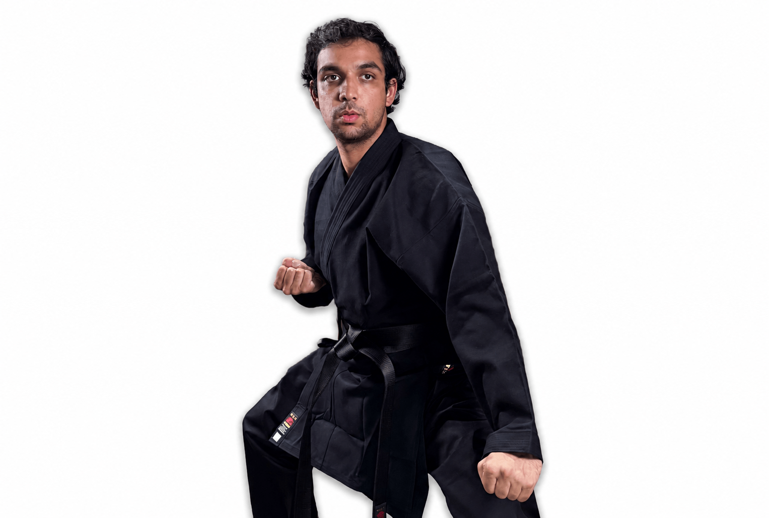 Martial artist wearing a premium black Shureido karate gi and black belt standing in a traditional ready posture against a white background.