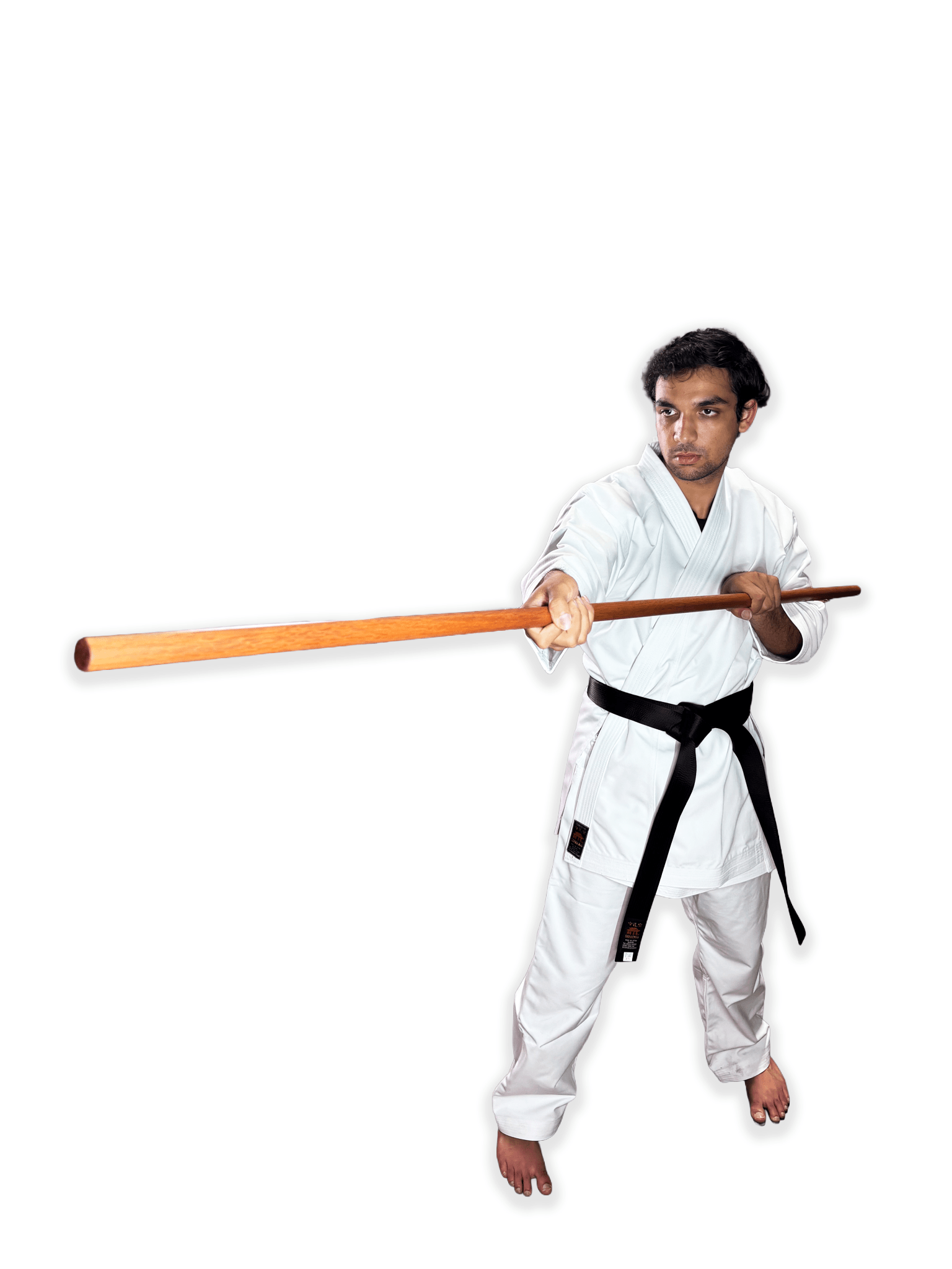 Side profile close-up of a martial artist holding a traditional Shureido wooden bo staff aligned with the shoulder.