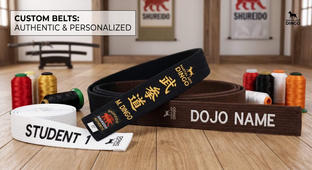 A curated flat lay of a Shureido heavy-weight gi, custom-embroidered black belt, and instructor patches from Martial Arts Dingo, representing the Premium Instructor Set.
