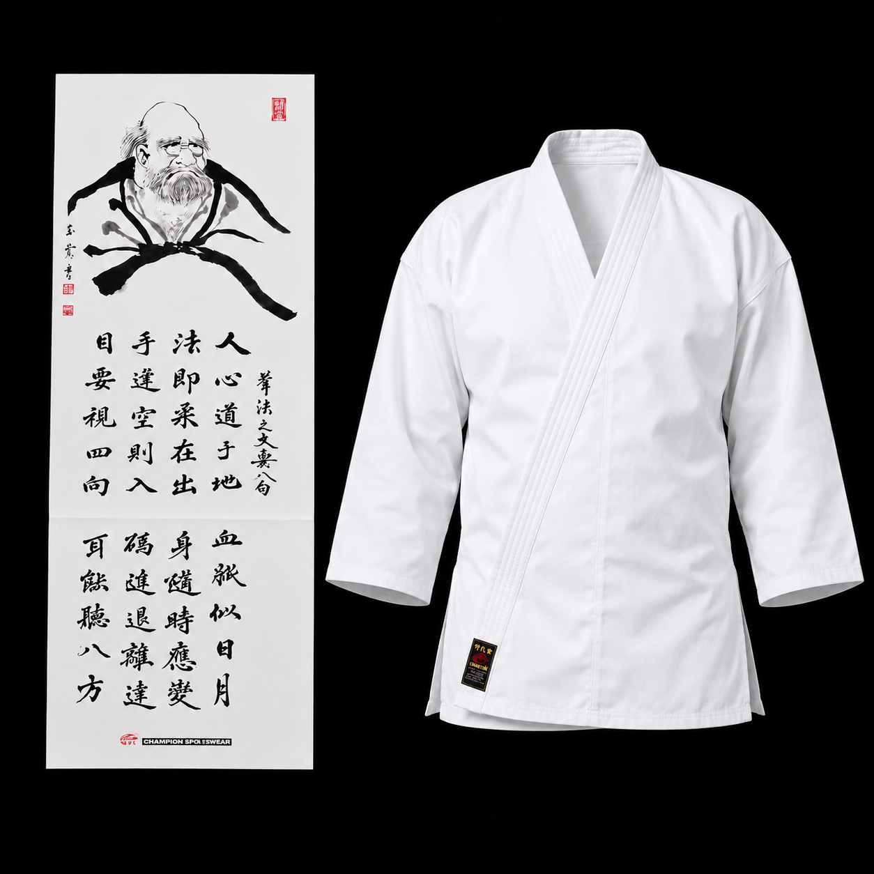 White Shureido Superior Heavyweight K10 Gi jacket displayed next to a traditional Bodhidharma calligraphy scroll.
