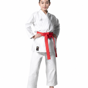 Front view of the premium white Shureido New Wave Gi Deluxe NW-3 jacket, featuring traditional Okinawan reinforced stitching.