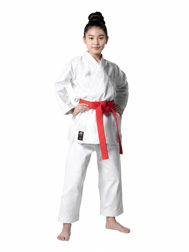 Front view of the premium white Shureido New Wave Gi Deluxe NW-3 jacket, featuring traditional Okinawan reinforced stitching.