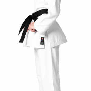Side profile of a young female martial artist wearing the white Shureido New Wave Kata NW-2 gi and a black belt.