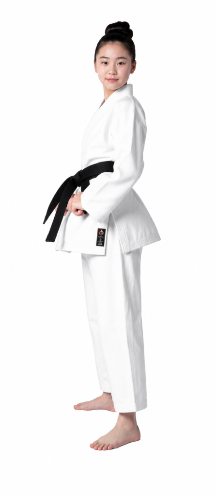 Side profile of a young female martial artist wearing the white Shureido New Wave Kata NW-2 gi and a black belt.
