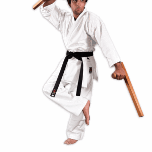 Traditional pair of Shureido Okinawan wooden tonfa martial arts weapons displayed with detailed handles and rounded side grips against a white background.