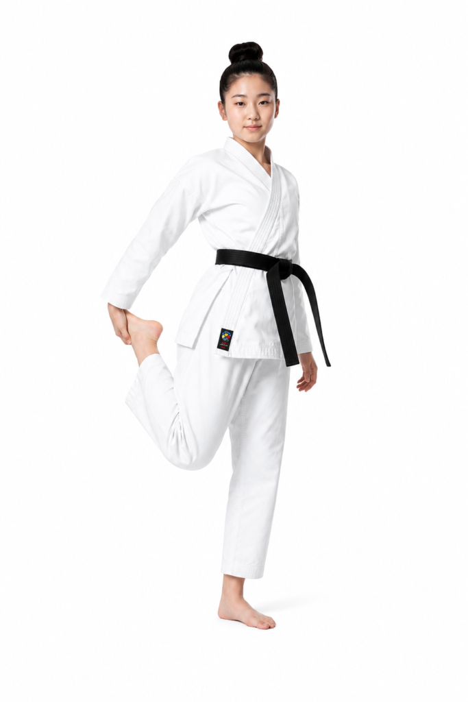 Young female black belt performing a standing quad stretch, showcasing the mobility of the white Shureido TKB-10 Professional Gi.