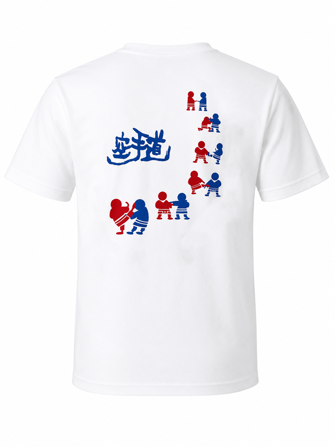 Back view of a white Shureido t-shirt featuring blue and red sparring figures in various kumite stances and large Japanese calligraphy.