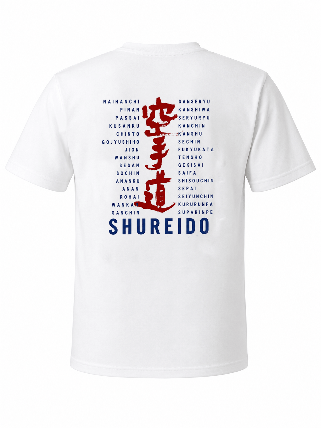 Back view of a white Shureido karate t-shirt displaying large red Japanese kanji lettering and a complete list of traditional kata names in blue text.