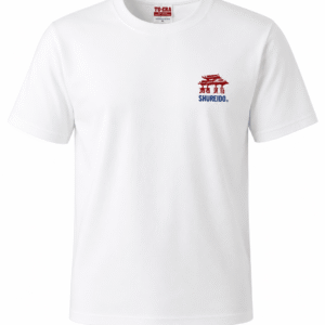 White Shureido karate t-shirt featuring a blue Japanese kanji graphic on the front left chest against a plain background.