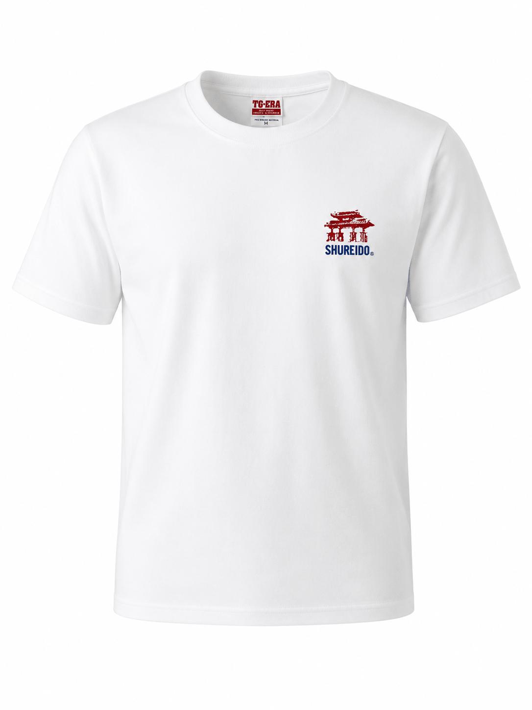 White Shureido karate t-shirt featuring a blue Japanese kanji graphic on the front left chest against a plain background.