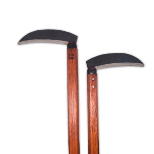 A pair of traditional Shureido Okinawan wooden kama weapons with curved metal blades arranged diagonally on a white background.